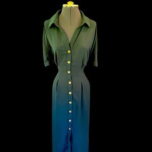 Dark Green long Dress with sleeve, button detail